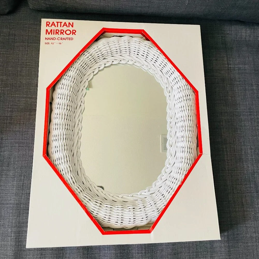 Rattan Hand Crafted Oval White Mirror 12x16” Vintage NIB